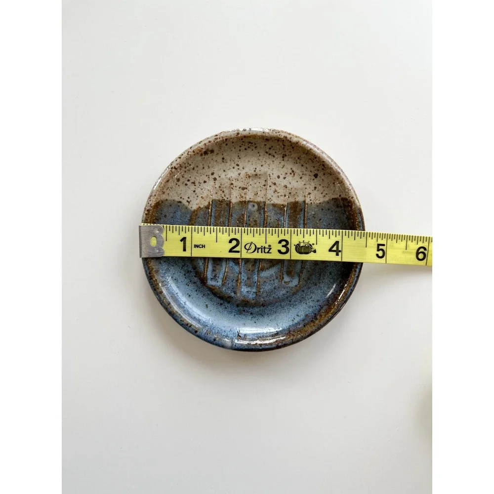 Handmade Stoneware Glazed Pottery Round Soap Dish Signed‎ Blue Cream 4.5